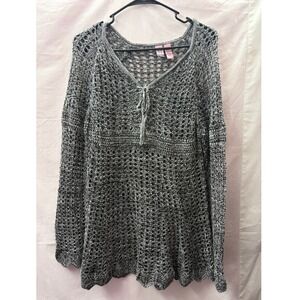 Love On A Hanger Black White Open Knit Tassel Flare Sleeve Sweater XL S0093K043